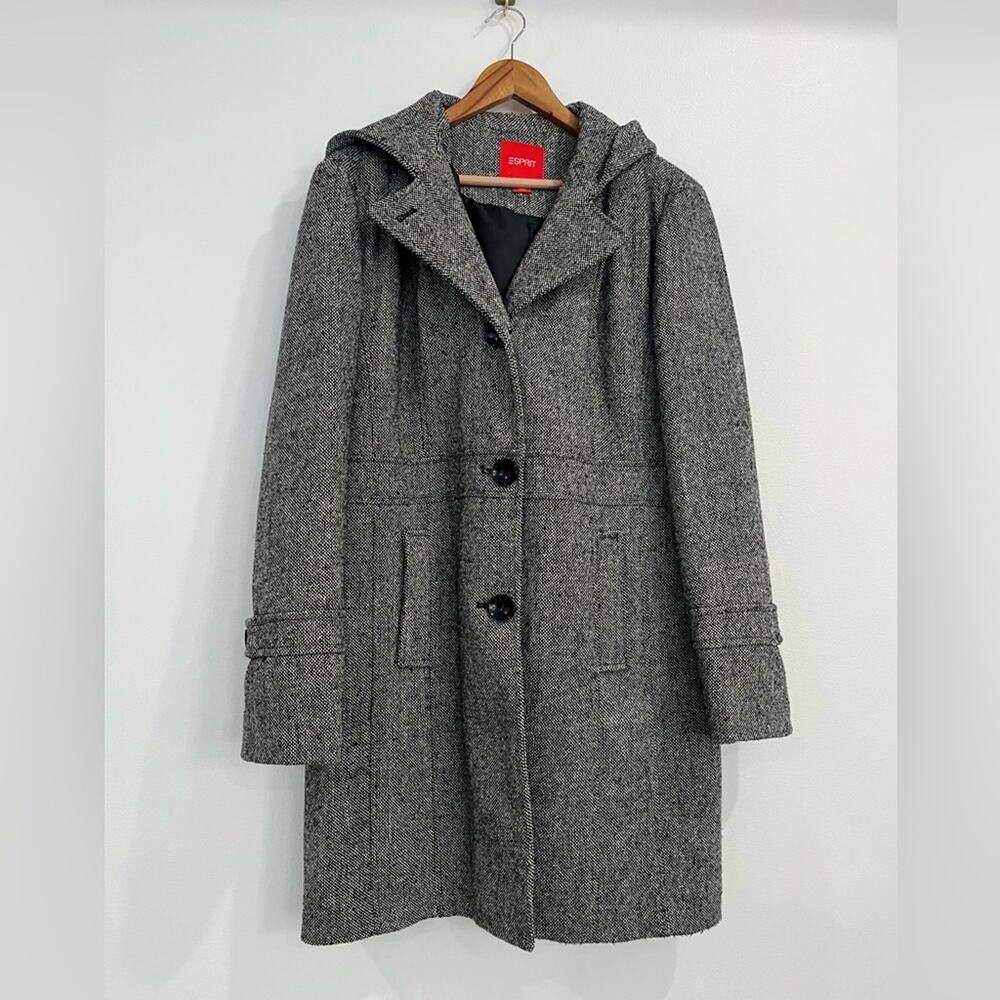 ESPRIT Wool Blend Hooded Jacket Grey Tweed XL Academia Twee